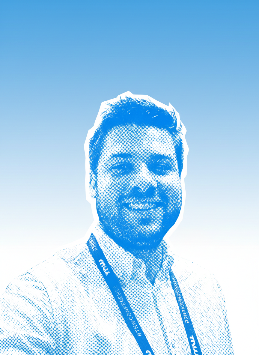 Stylized blue duotone portrait of a person facing the camera with arms crossed