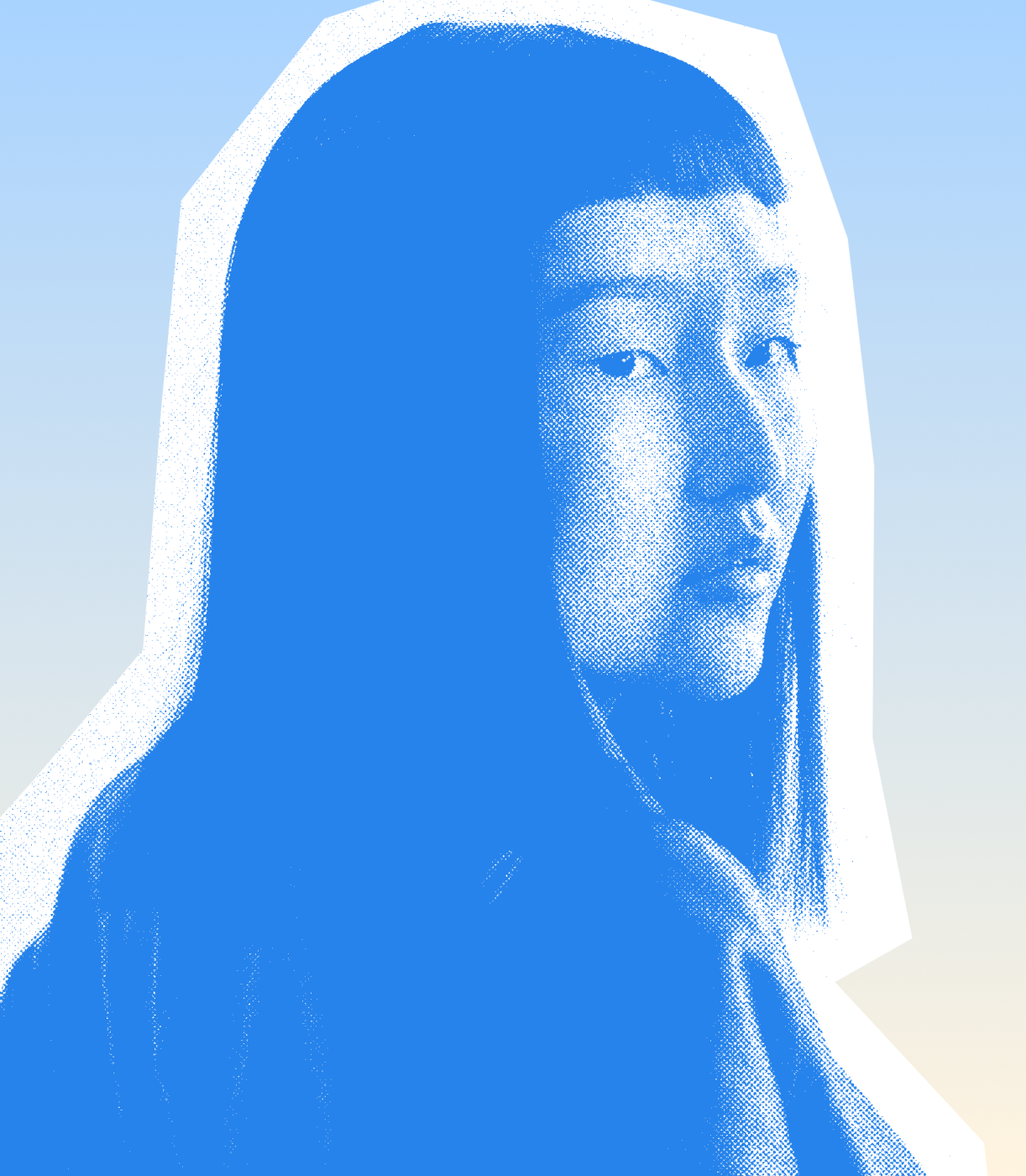 Stylized blue duotone portrait of a woman with long hair facing slightly backward